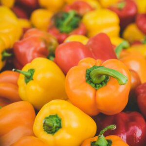 Colorful assortment of fresh, ripe bell peppers in close-up, highlighting food freshness.